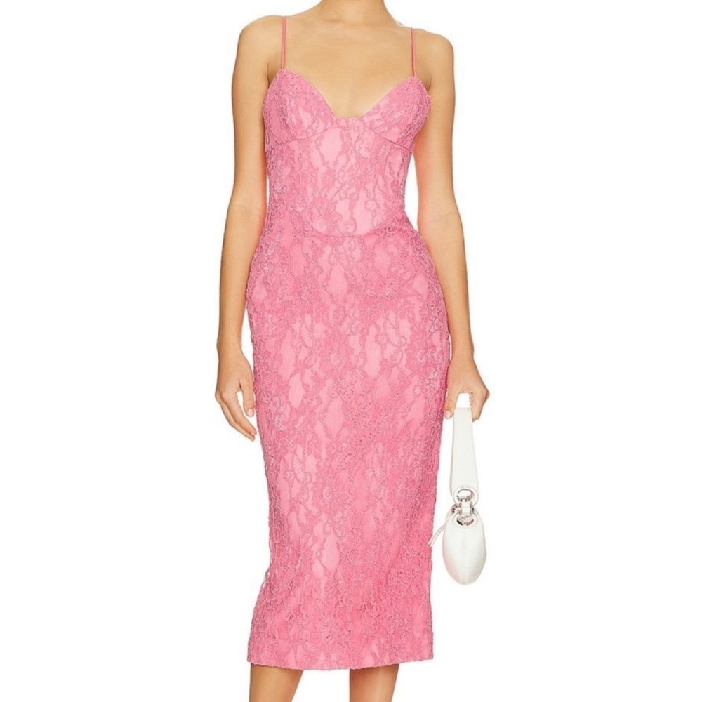 Bardot Hadley Midi Lace Dress in Petal Pink from Revolve